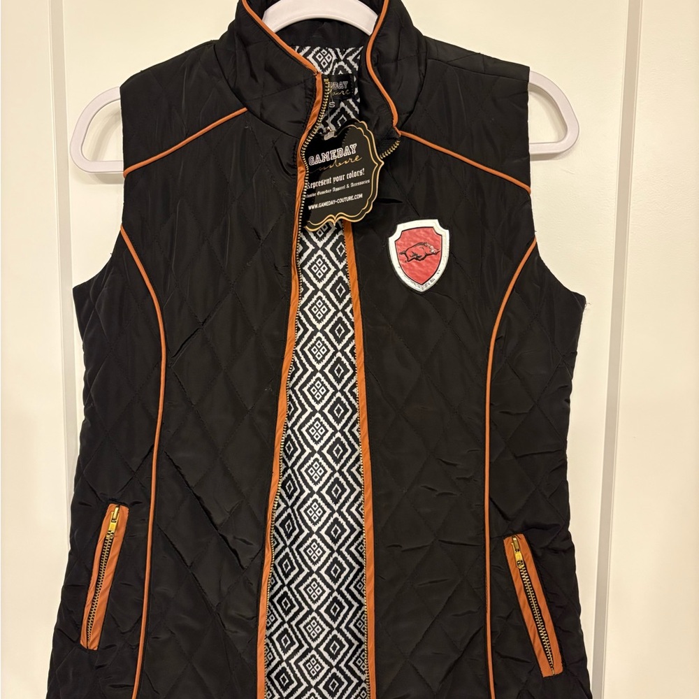 Sanbury Women's Black Quilted Vest with Orange Trim